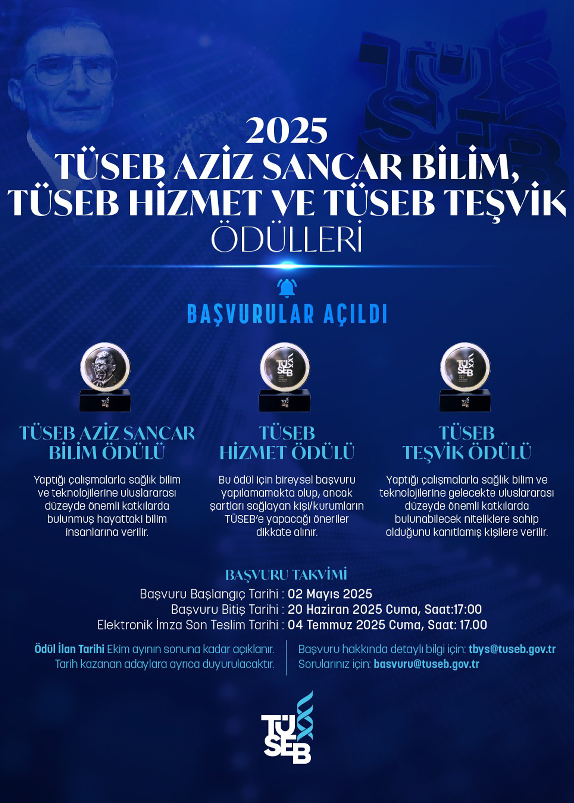 2025 TÜSEB AZİZ SANCAR BİLİM, TÜSEB HİZMET VE TÜSEB TEŞVİK ÖDÜLLERİ