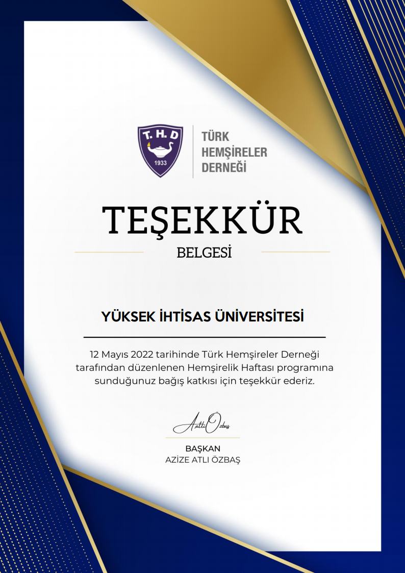 Türk Hemşireler Derneği'nden, Teşekkür Belgesi