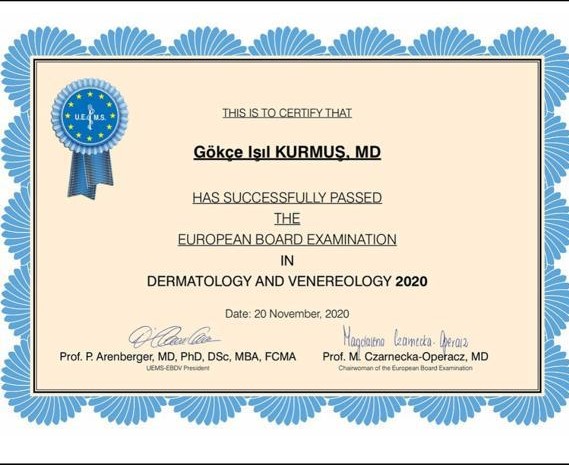 Dermatoloji Anabilim Dalımızdan Dr. Gökçe Işıl Kurmuş hocamız Avrupa Board sınavını başarı ile vererek belgesini almıştır.